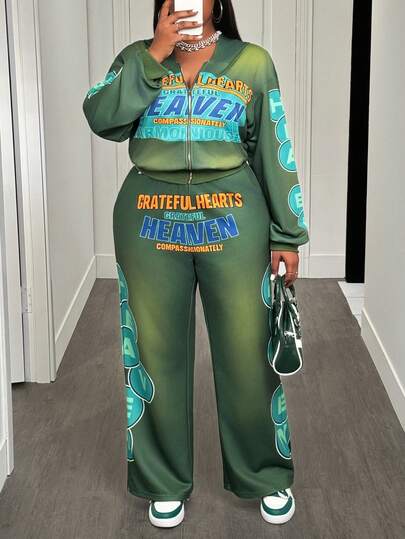 Slaydiva Conjunto de 2 piezas de sudadera con capucha y pantalón de chándal con estampado de letras en verde de manga larga, talla grande, para festivales de música, Pascua, fiestas de cumpleaños, uso casual, vacaciones, cruceros, playa, tomar el sol, nueva llegada otoño/invierno 2025