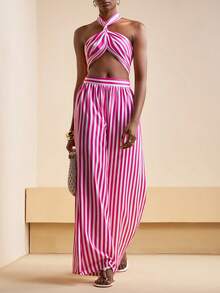 Zivah Pink And White Striped,Summer,Casual,Vacation,Holiday Backless Halter Sling Long Wide Leg Jumpsuit Music Festival Beach Bohemian Tropical Travel - Hot Pink - View 5