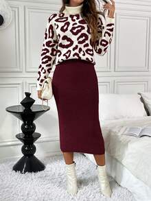 SHEIN Clasi 2 件套女士豹纹纯色高领优雅舒适合身针织毛衣套装，秋冬 - 酒紅色 - 查看 4