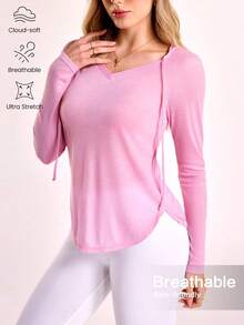 Gameset SHEIN Sport 女士纯色长袖连帽休闲卫衣 - 粉色 - 查看 1