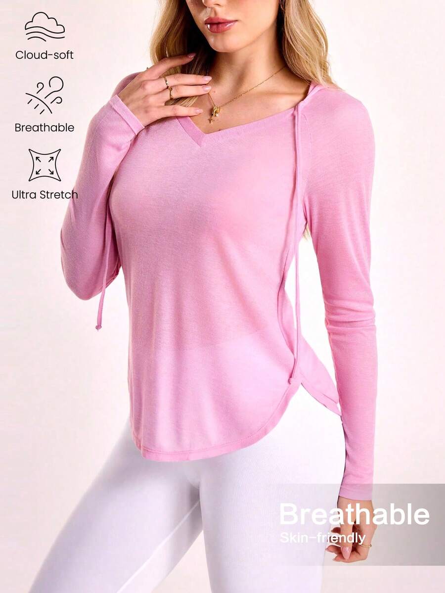 Gameset SHEIN Sport 女士纯色长袖连帽休闲卫衣 - 粉色 - 查看 1