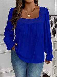EMERY ROSE Plus Size Women's Contrast Lace Long Sleeve Loose Fashion Blouse - Royal Blue - View 4