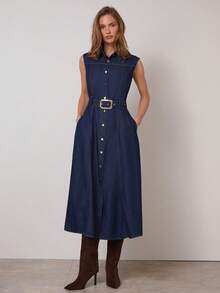 COSMINA Women's Sleeveless Dark Blue Denim Midi Dress With Metal Belt, Elegant Daily Office Dress With Pockets, Summer Dress - Dark Wash - View 5