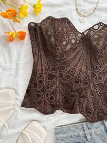 Soleia 欧美风年轻度假性感前卫蕾丝双层人字纹无肩带咖啡棕色镂空刺绣塑身衣