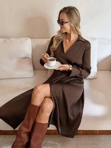 Serisse Women's Solid Color Minimalist Long Sleeve Dress Elegant Spring Brown - Brown - View 1