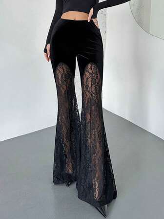 Firerie Women's Elegant Lace Flare Pants, Sexy Low-Waist Sheer Lace Skinny Flared Trousers, Suitable For Vacation, Graduation, Music Festival, Party, Streetwear