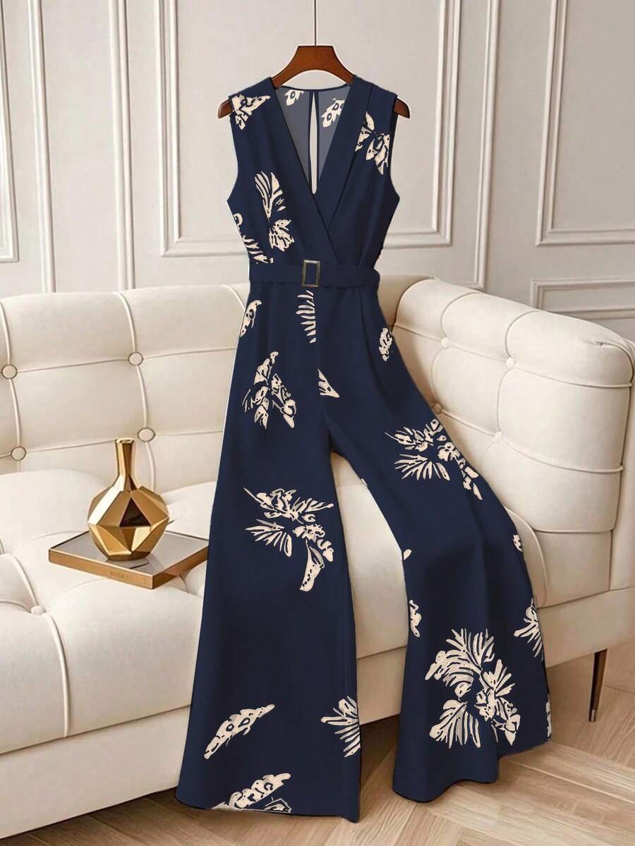 Franclia 时尚高腰树叶印花喇叭裤，百搭无袖，黑色和米色可选，适合春夏大学校园穿着。 - 彩色 - 查看 1