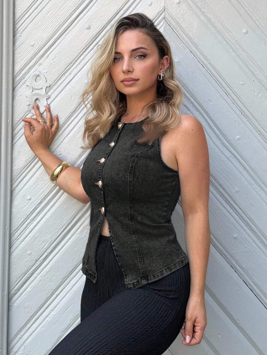 Jeta Ari Damen ärmelloses Jeans-Oberteil, lässig elastisch figurbetont, Sommer - Dunkelgrau - Übersicht 1