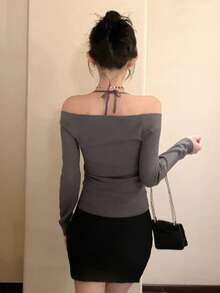 DAZY Áo len dệt kim dài tay cổ yếm màu trơn thời trang cho nữ - Xám - Xem 2