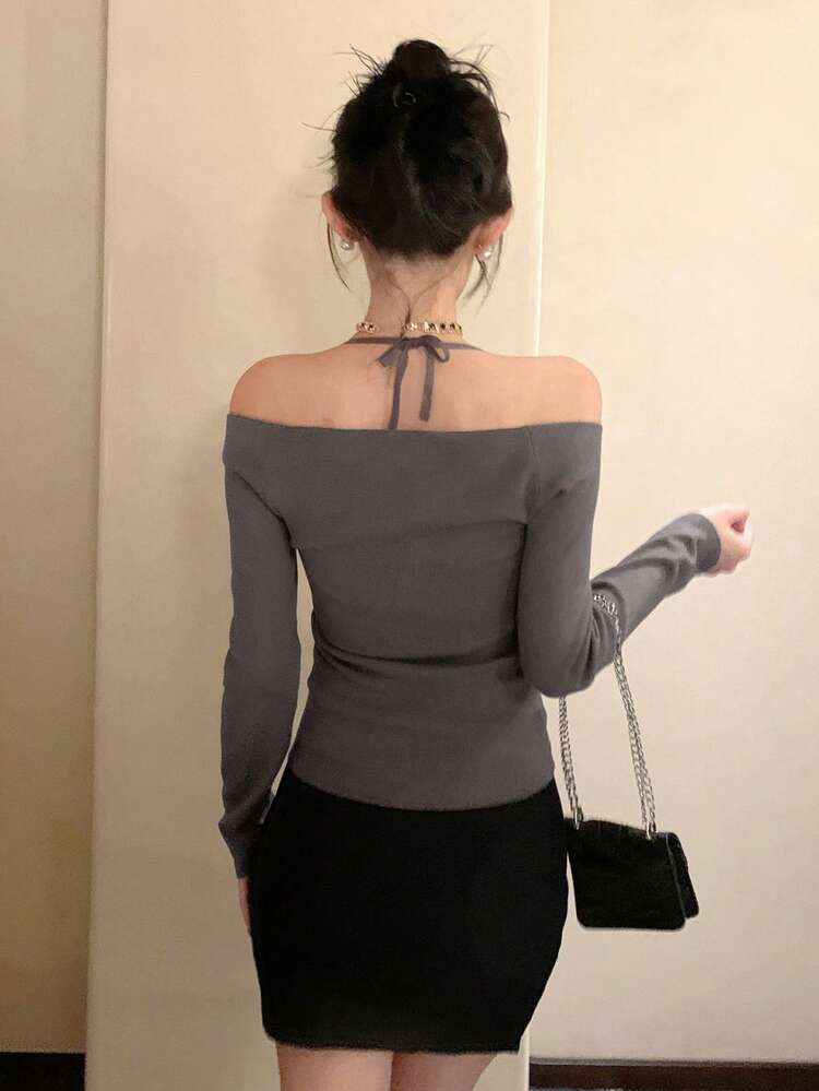 Women's Solid Color Halter Neck Long Sleeve Tie-Up Fitted Fashionable Knit Sweater