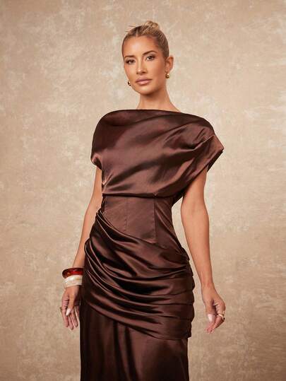 Lumalex VITNOS Elegante High End New Deep Rust Bruin Satijnen Pleated Dress, Chocolate 's Eve Outfit Women, mal Dresses Verleidelijke Vacation Holiday Semi Fall Luxe Dress able This Outfit, Gala Night, Chic Looks Of Weekend Glamour Work Delicate Romance, Enchanted Romance Gown, Draped Business Prom Graduation Dates, Going Out, Night Weddings, Holiday, Vacation, Birthday, Commute view 6