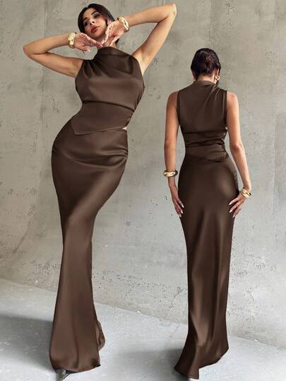 Firerie Women's Elegant Office Commuter Outfit, Sleeveless Pleated Collar High-Low Hem Striped Shirt And Pleated Waist Extra Long Fishtail Midi Skirt Set, Blue Satin Suit, Elegant Commuter Women's Outfit, Spring/Summer/Autumn, Elegant, Commuter, Sexy, Boho, Music Festival, Romantic, Date, Party, Wedding Season, Graduation Dress, Prom, Performance Outfit, Concert, Work Attire, Back To School, Women's Vacation Outfit, Women's Birthday Outfit, Women Teacher Outfit