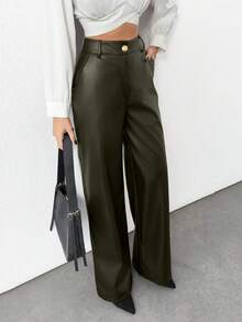 SHEIN Tall Prive Gold Button Detailed Straight Fit Leather Pant, Tall Women - Army Green - View 4
