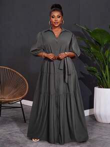 SHEIN CURVE+ Váy maxi xếp ly chữ A tay ngắn màu trơn cỡ lớn 2025 dành cho nữ, dáng rộng, kỳ nghỉ Hoho - Màu xám đen - Xem 5