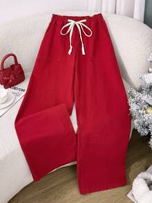 Comfortcana Quần jean ống rộng ống rộng, túi rút eo cho nữ, quần jean đỏ Giáng sinh năm mới mùa đông, quần jean Giáng sinh thanh lịch - Màu Đỏ Sâu - Xem 4