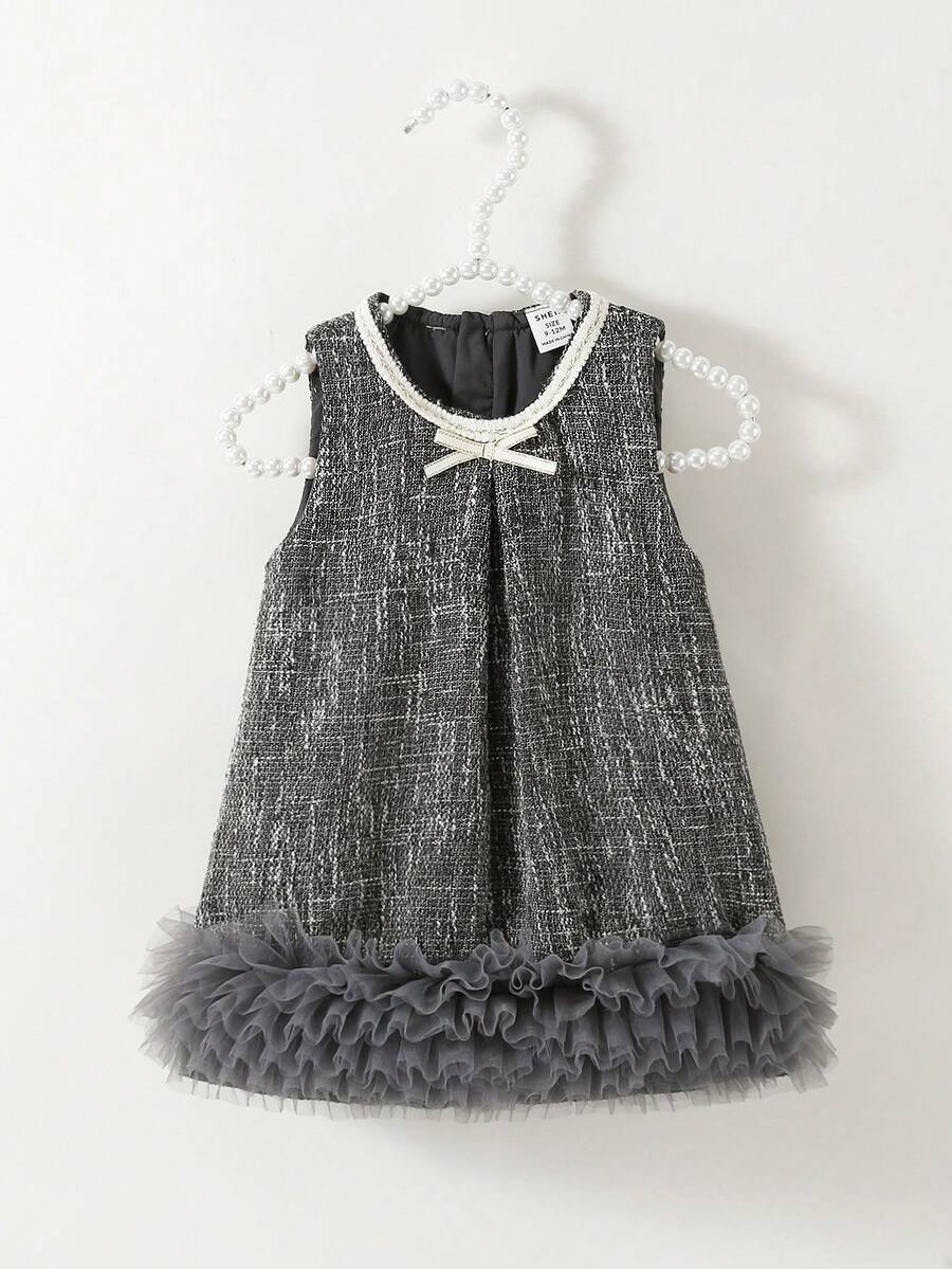 SHEIN Elladie kids 女婴优雅蝴蝶结3D花朵装饰无袖连衣裙，适合婚礼、派对、生日、度假、拍照、夏季等场合 - 深灰色 - 查看 1