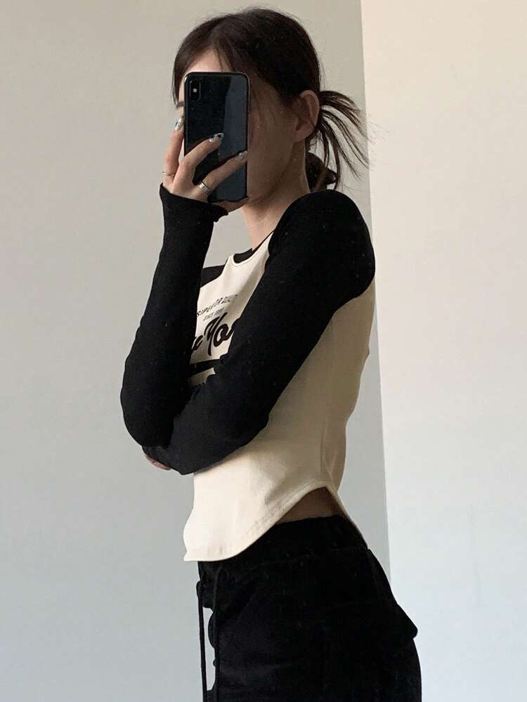 Women's Casual Daily Commute Fashion Street Letter Print Contrast Color Raglan Long Sleeve Curved Hem Crop T-Shirt, Spring/Autumn