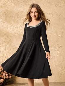 Tween Girls'Elegant Black Autumn Evening Party Formal Dress,U-Neck Long Sleeve Cinched Waist Ribbed Mid-Length Dress With 3D Faux Pearl Decor - Black - View 7