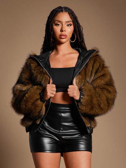 Radiana Women's Fashionable Retro Brown Hooded Faux Fur Jacket, Faux Fur And Black PU Fabric Patchwork Design, Boxy Loose Outerwear, Winter Jacket, Snow Skiing Insulated Coat