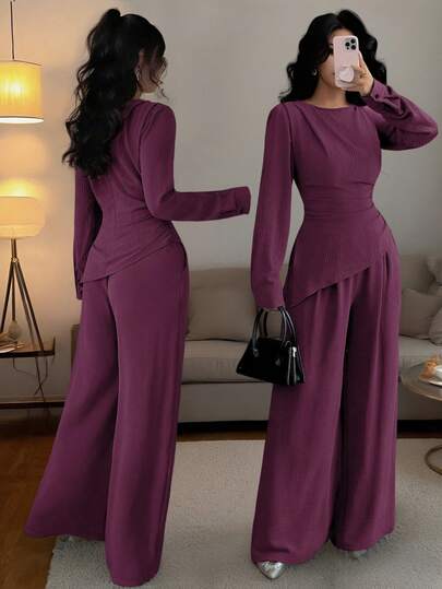 SHEIN Raffinéa 两件套女士纯色翻边不对称下摆长袖套装