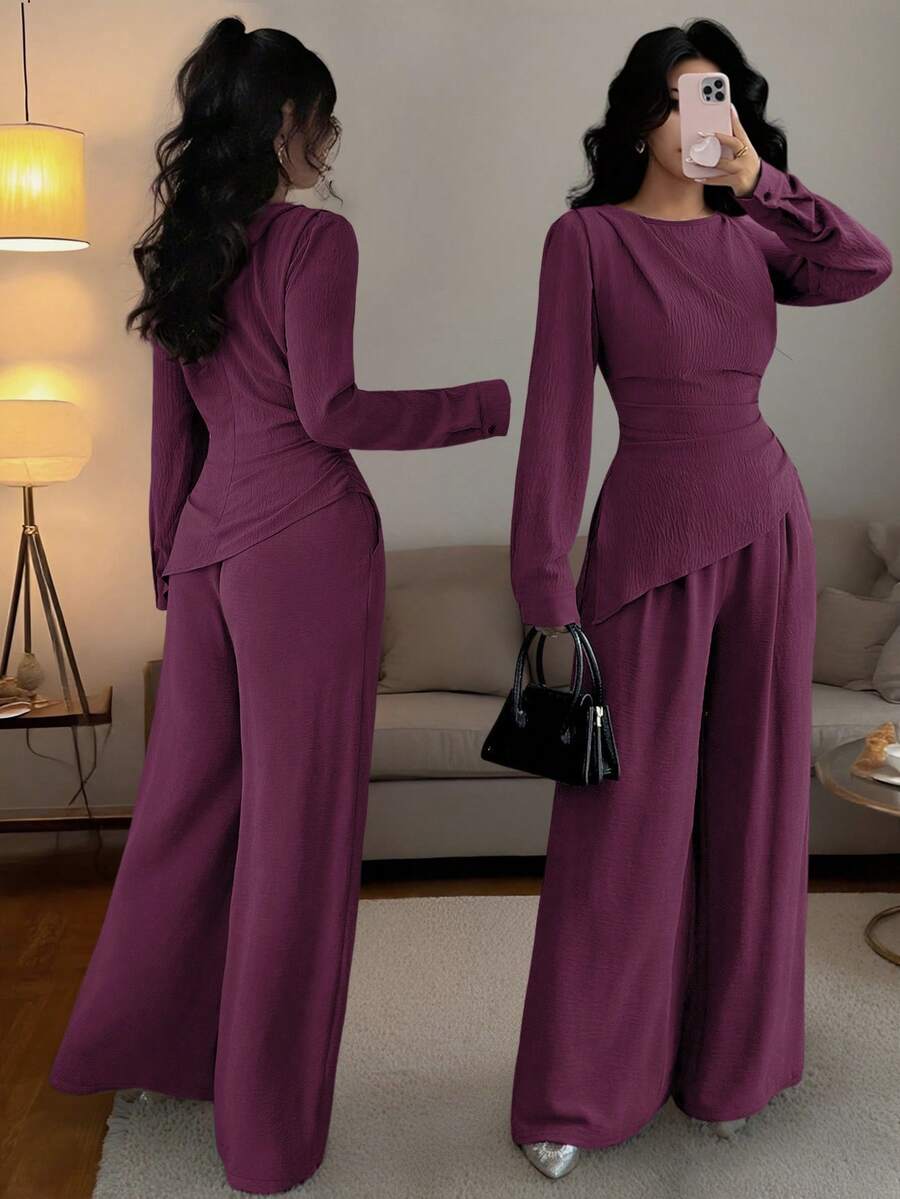 SHEIN Raffinéa 2pcs Women Solid Color Fold Hem Asymmetrical Hem Long Sleeve Set - Purple - View 1