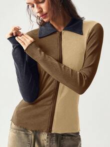 Bohemela Casual Knit Patchwork Long Sleeve Fitted Women Top - Multicolor - View 5