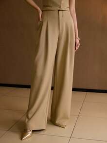 MOTF PREMIUM PANTALONES ELEGANTES DE OFICINA DE unicolor CON PLIEGUES DELANTEROS VERSÁTILES DE COLOR CAQUI PARA MUJER - Caqui - Ver 6