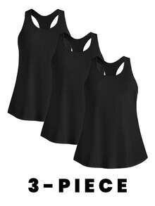 Easithlete 3pcs/Set Plus Size Women Solid Color Round Neck Sports Racerback Tank Tops - Black - View 1