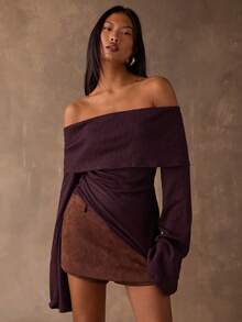 SHEIN BAE Women's Solid Color Minimalist Off Shoulder Long Sleeve Top, Everyday Wear - Maroon - View 4