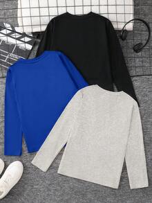 SHEIN Set de 3 camisetas gráficas casuales con letras para niño preadolescente, en negro, blanco y verde, adecuadas para ir al trabajo, la escuela, uso casual diario, deportes, otoño/invierno - azul real - Ver 2