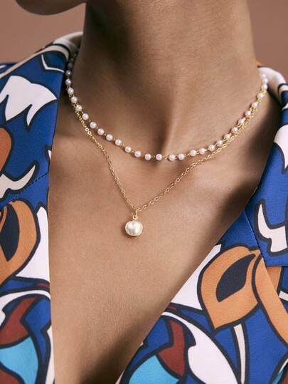 JIAN LASALA 1 Pieza Collar Elegante De Acero Inoxidable Con Decoración De Perlas Sintéticas En Capas Para Mujeres, Para Decoración Diaria