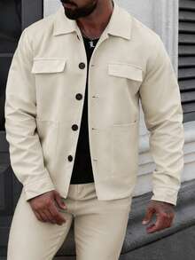 Manfinity CasualCool Men's Casual Solid Color Single-Breasted Jacket, Autumn Casual Men Cream Men Autumn Fall/Winter Beige Shacket Men Long Sleeve Jacket Old Money,Daily Leisure, Weekend Trips, Outdoor Activities, Travel Expeditions, Relaxed Work Environments Or Semi-Formal Occasions,Boyfriend/Husband Gift, Anniversary Gift Christmas - Beige - View 6