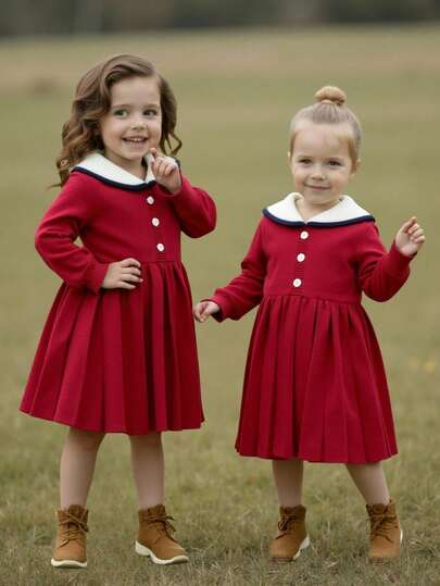 女婴优雅拼色领针织连衣裙，秋冬