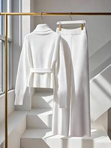 GlowEve CURVE Conjunto de suéter de cuello alto y pantalones de corte holgado para mujer de talla grande, conjunto de moda minimalista para otoño/invierno - Blanco - Ver 2