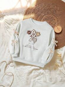 Vintaside Kids 女童杏色碎花针织卫衣，休闲修身套头衫，适合户外、居家、运动穿着 - 灰色 - 查看 3