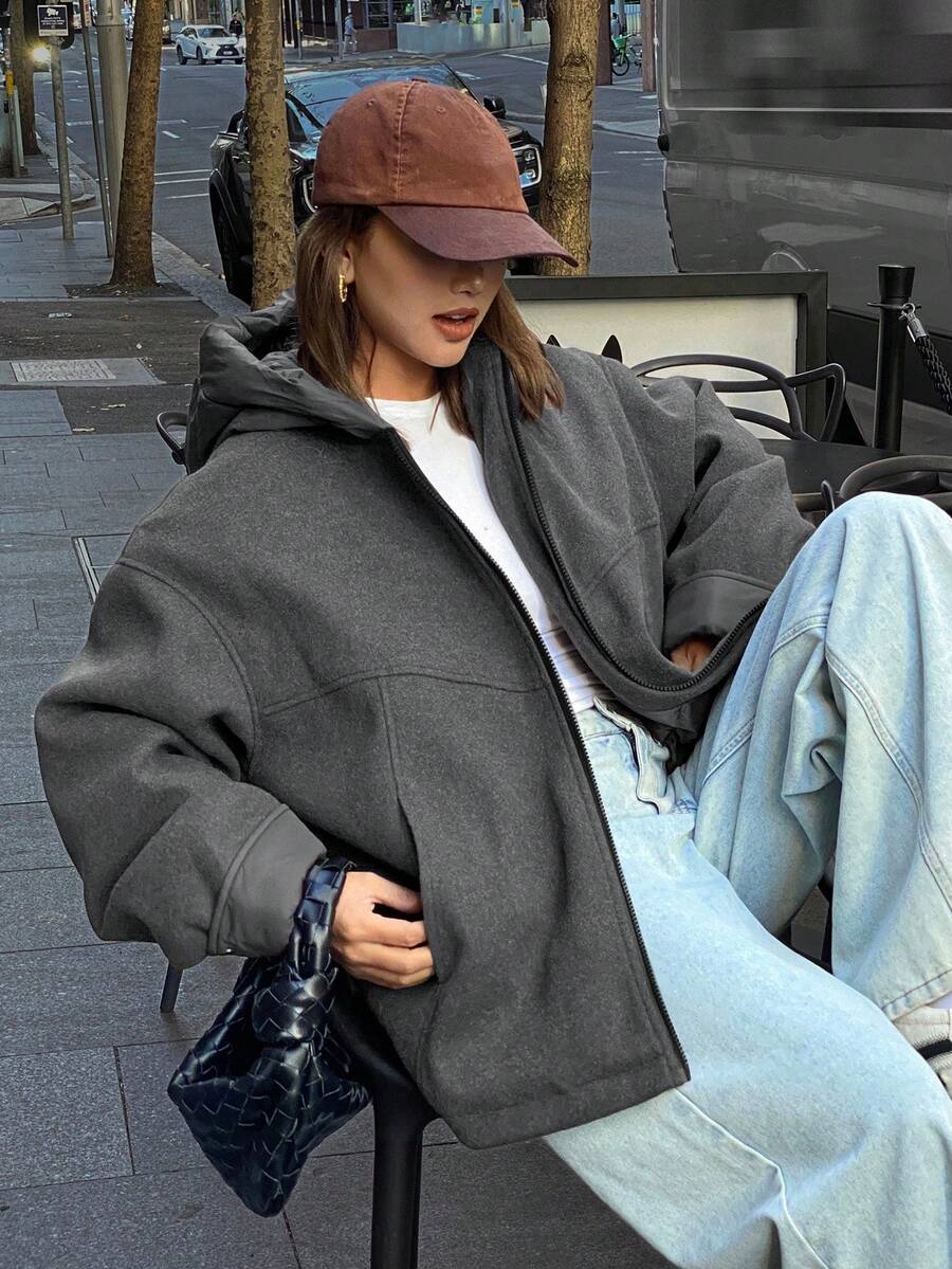 DAZY 女士休闲连帽拉链羽绒服，冬季 - 深灰色 - 查看 1