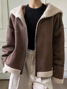 DAZY 人造毛皮连帽短款女式外套，羊毛内衬，常规版型，冬季女式外套 - 鏽棕色 - 查看 5
