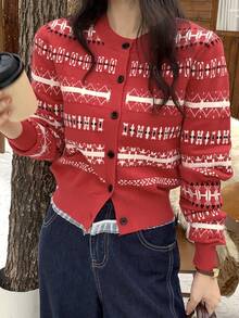 DAZY Contrast Color Jacquard Red Christmas Combination Long Sleeve Round Neck Casual Knit Sweater For Women,New Year - Red - View 3
