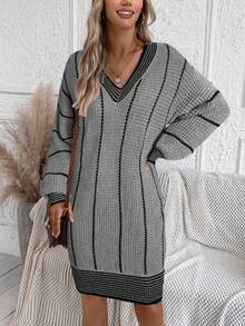 SHEIN LUNE Vestido de Suéter com Ombros Caídos e Estampa Listrada para Outono/Inverno - Cinza - Visão 5