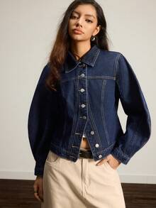 Easelle 女士休闲通勤弯袖牛仔夹克 - 深色水洗藍 - 查看 3