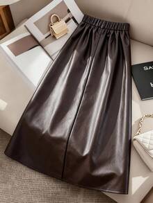 GlowEve CURVE Plus Size Women Elegant PU Long Skirt - Brown - View 2
