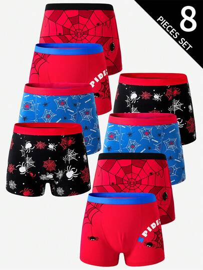 School Boy Lingerie Young Boys Spider Cotton Comfortable Print 8-Pack Boxer Briefs Boys Boxers Fall Winter