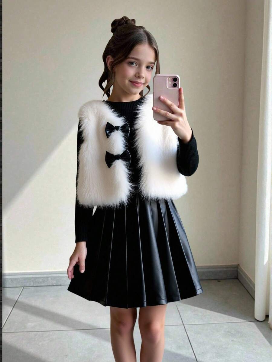 Sparklyn 三件套：棕色毛绒蝴蝶结背心、配套吊带衫和PU褶裙 - 黑與白 - 查看 1