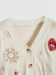 ROMWE Hippie Women's Retro Palace Heart, Eye, Sun, Moon, Star, Moth Embroidered V-Neck Knitted Cardigan - Apricot - View 3