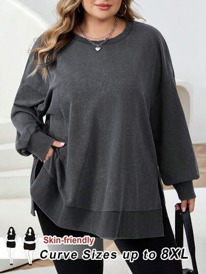 SHEIN CURVE+ Áo nỉ dài tay cổ tròn màu trơn cỡ lớn, thường ngày, đa năng, trang phục lễ Tạ ơn cho nữ, trang phục năm mới cho nữ, váy mùa đông, quần áo mùa đông, trang phục Rave cho nữ