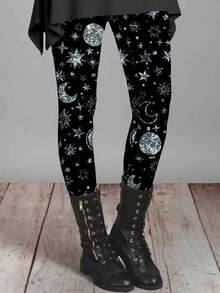 EMERY ROSE Quần legging thể thao cạp chun co giãn in hình bầu trời đầy sao cỡ lớn dành cho nữ, phù hợp với mọi mùa - màu đen - Xem 3