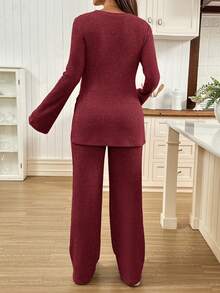 SHEIN 2pcs Maternity Solid Color Split Long Sleeve Top And Pants Casual Set - Burgundy - View 2