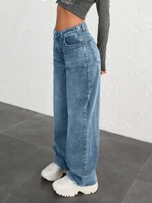 EURMUSE 100% COTTON HIGH WAIST BUTTON DETAILED WIDE LEG JEAN - Dusty Blue - View 7