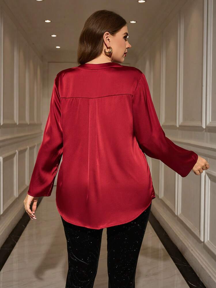 Plus Size Elegant Commuter Solid Color Notch Collar Shirt Red Blouse  New Year Elegant Women Chic Blouses For Women Floral Shirt/ Silk Blouse Satin Shirt Satin Blouses For Women Satin Tops For Women Red Blouse Women Plus,Spring/Summer/Vacation