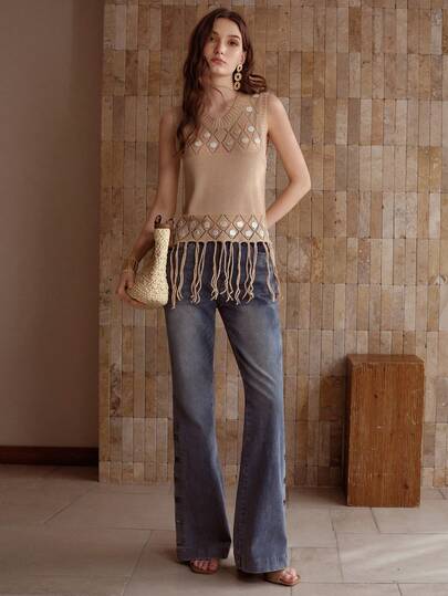 MOTF PREMIUM SHELL DECOR FRINGE HEM KNIT TOP